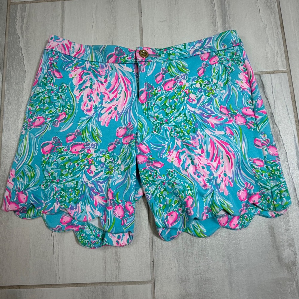 Lilly Pulitzer Buttercup Scallop Hem Shorts‎ Blue Pink Aquatic Floral Size 6